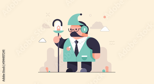 A stylized cartoon man in a vest and hat holds a microphone stand