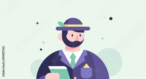 Flat illustrated man in suit and hat holding a book, with decorative shapes