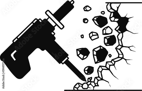 Jackhammer breaking rock, debris flying