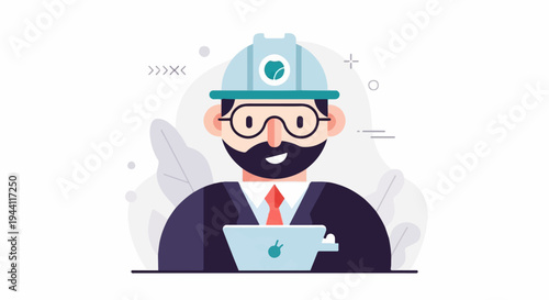 Cheerful engineer with glasses and hard hat uses laptop