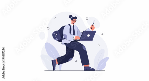 Person with backpack using laptop, with abstract shapes and leaves