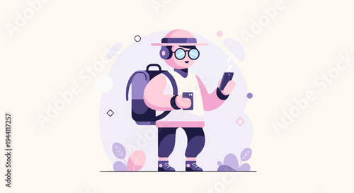 Cartoon character with backpack, glasses, headphones, and phones, surrounded by shapes and plants