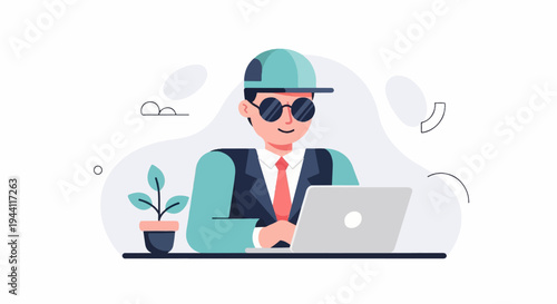 Animated man in cap, sunglasses, suit, tie, and laptop at desk with plant