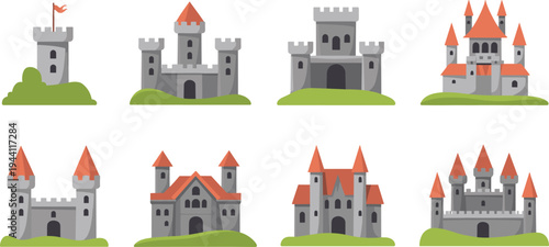 Medieval castle collection set with fortress towers and gates, fantasy kingdom architecture cartoon vector illustration isolated elements