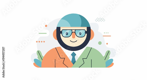 Stylized bearded man in glasses and divided jacket, surrounded by abstract shapes