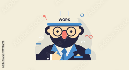 A stylized figure with a beard, glasses, and suit, with "WORK" above
