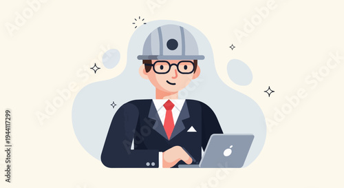 A smiling professional with a hard hat and glasses works on a laptop