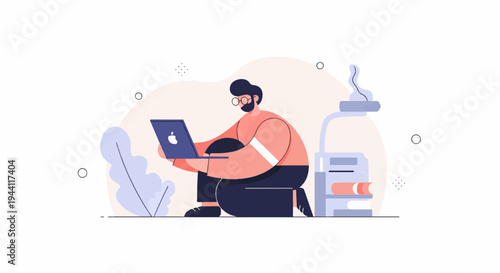 Man with laptop, books, and plant illustration