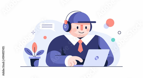 Cheerful character with headphones and laptop, chat bubble, plant