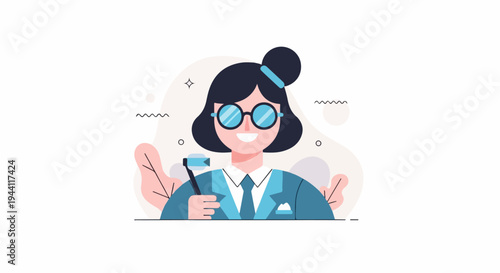 Stylized woman in business attire with glasses holding a gavel, abstract background