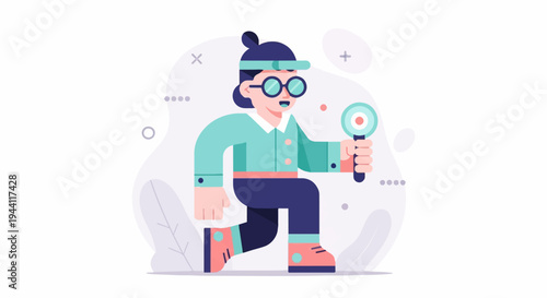 Energetic character with headband and magnifying glass in playful pose