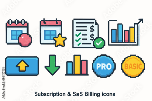 Subscription and saas billing icon set. Pixel, flat subscription icons collection
