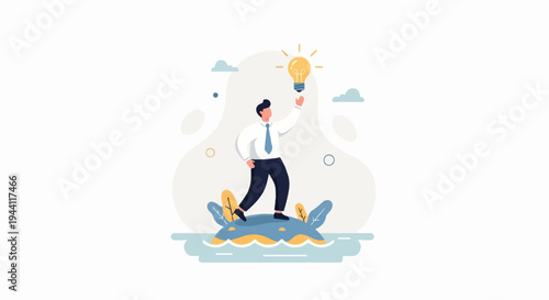 Man on island holding glowing idea lightbulb, abstract background