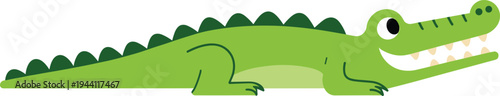 Cute green cartoon crocodile character, smiling alligator vector illustration, flat design reptile mascot isolated on white background for kids education