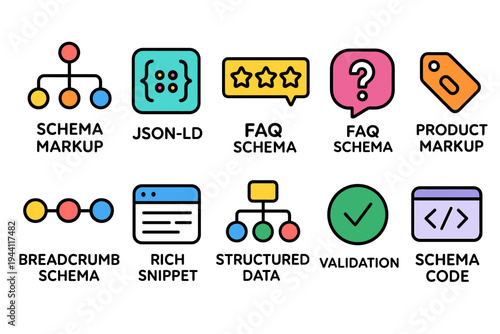 Seo optimization flat icon set. Schema, faq, json, breadcrumb icons in flat style