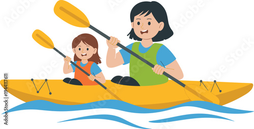 Mother and daughter kayaking on river together, family outdoor adventure activity, summer water sport, happy parent and child paddling