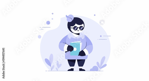 Stylized character wearing glasses and holding a book