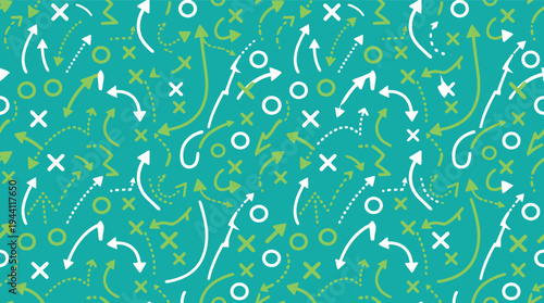 Seamless football strategy background vector illustration with green and white playbook symbols on blue, flat design