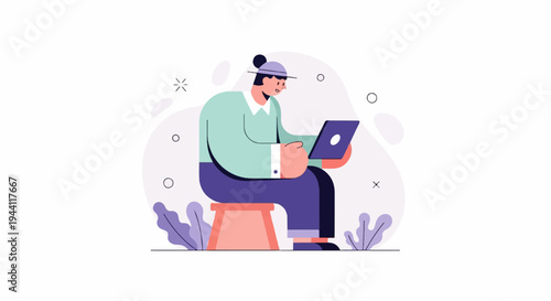 Person with a hat sits on a stool holding a laptop in front of a white background