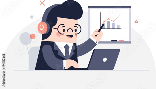 Enthusiastic businessman in headphones presenting a financial graph on a whiteboard