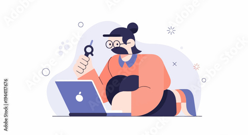 Person with laptop, holding a tool, working remotely