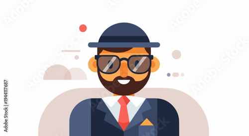 Stylized man wearing a suit, hat, and glasses with abstract background