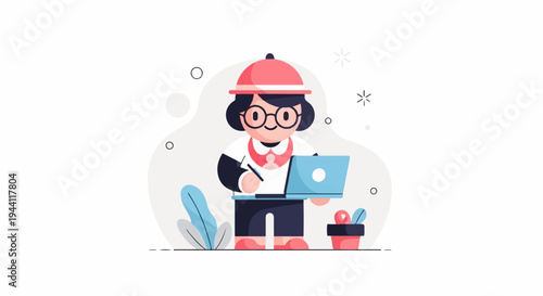 Cheerful character in hat works on laptop with plant nearby