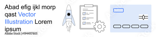 Business growth, innovation, project planning, startup development, process workflow, management tools. Rocket launch, checklist with gear icon and interface elements. Business growth and innovation