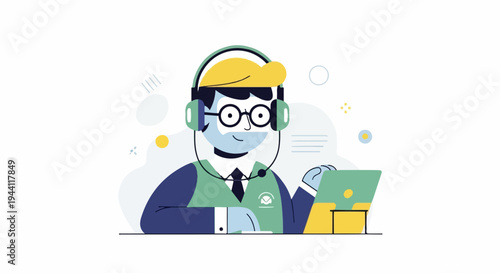 Cheerful person with headset and laptop at desk, abstract background