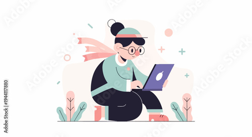 Cartoon person with glasses and scarf working on a laptop with plants