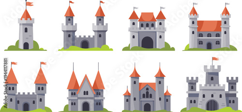 Medieval castle collection set with towers gates and fortresses, fantasy kingdom architecture cartoon vector illustration isolated elements