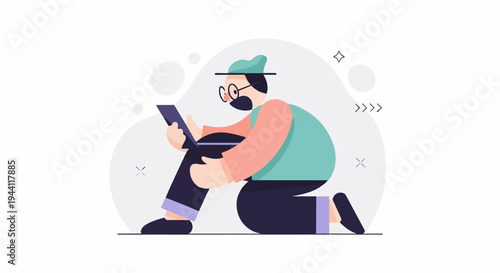 Person in flat illustration style wearing mask and glasses, engrossed in tablet