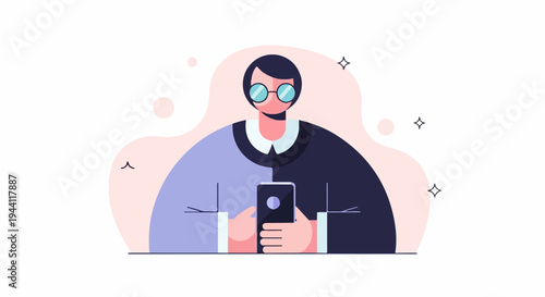 Person with glasses looks at phone, surrounded by abstract shapes and stars