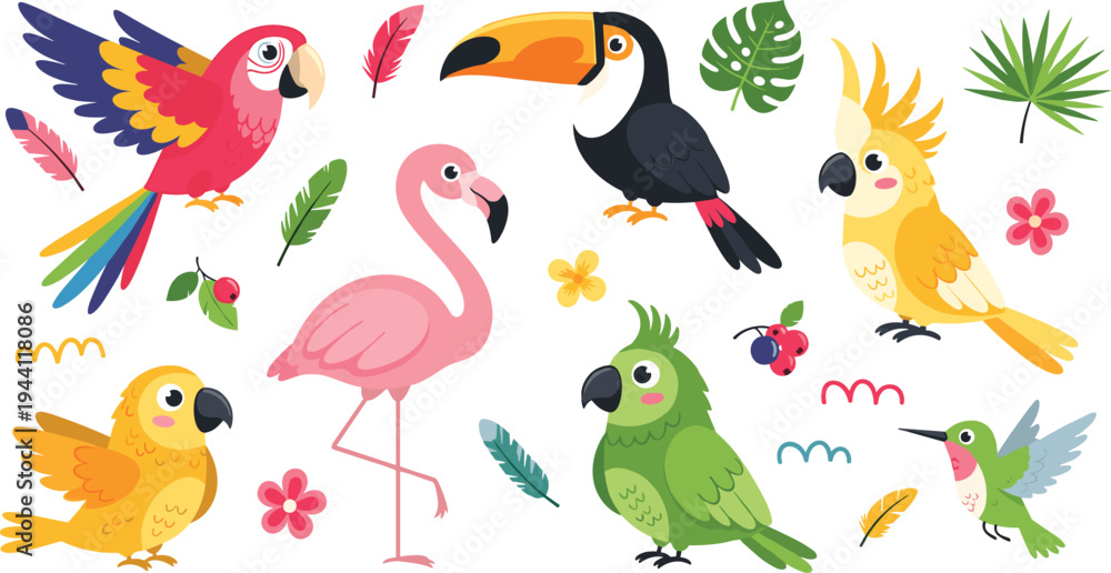Obraz premium Cute Tropical Birds Cartoon Vector Collection Featuring Parrot, Toucan, Flamingo, Cockatiel and Hummingbird with Feathers, Flowers and Jungle Nature Elements.