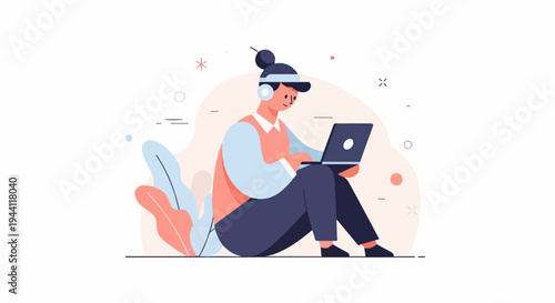 Stylized person with headphones using laptop amidst abstract shapes