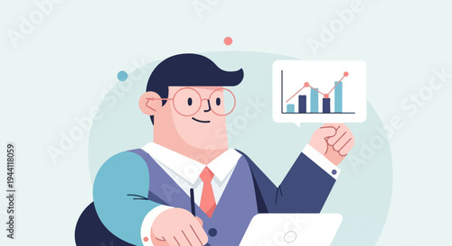 Cheerful businessman reviewing financial chart on laptop, success!