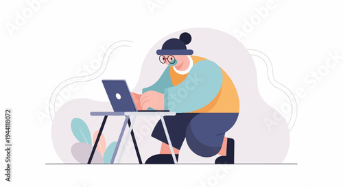 Person wearing a beanie and glasses works diligently on a laptop at a desk