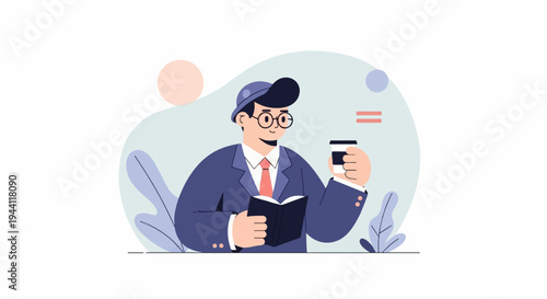 Man in suit with glasses reading a book and holding a coffee cup