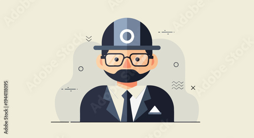 Stylized illustration of a formally dressed figure wearing glasses and a hat