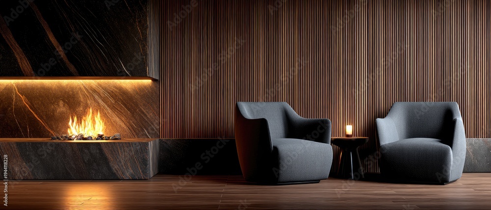 Naklejka premium Elegant living room featuring a stone fireplace with two gray armchairs and dark wood flooring, perfect for cozy gatherings or relaxation activities