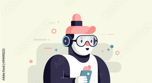 Stylized person with goggles and headphones holding a phone