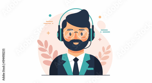 Illustrated male customer service representative with beard, glasses, and headphones