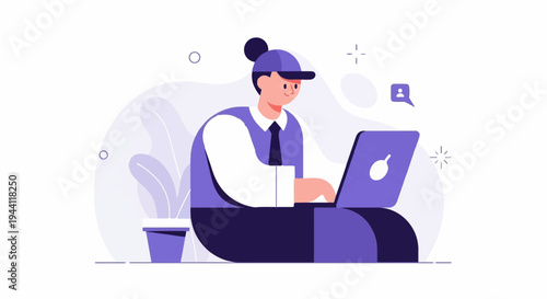 Person in hat and tie works on laptop at desk with plant