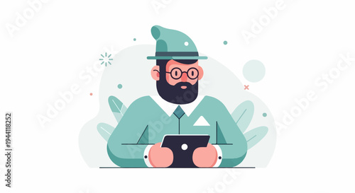 Stylized bearded man in hat and glasses holding tablet