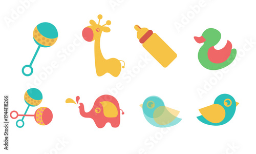 Cute baby toys icon set with rattles, giraffe, baby bottle, rubber duck, elephant and birds, colorful flat illustration collection isolated on white background
