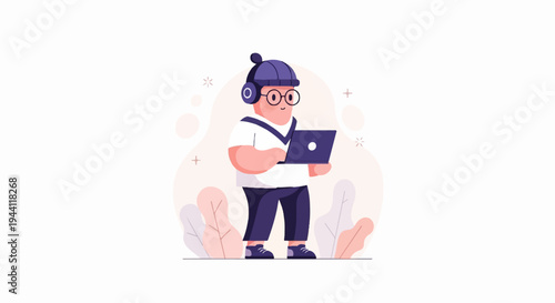 A person in a hat and headphones holds a laptop, surrounded by plants