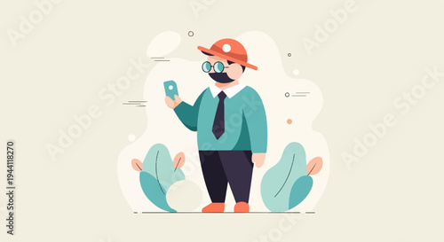 Stylized figure with hat and glasses holds a phone amid abstract shapes