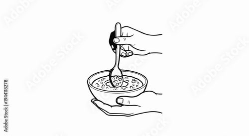 Two hands holding a bowl of porridge and stirring it with a spoon