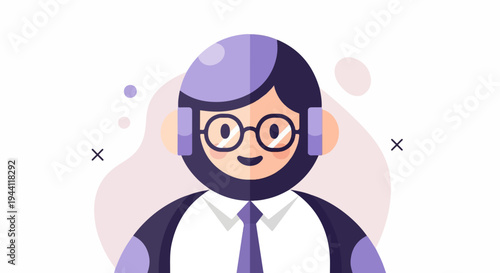 Stylized character with glasses and headphones, flat design style