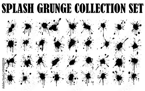 Black ink splatter isolated on white background. Vector watercolor paint brush texture. Ink splash and stain set. Grunge spray drop spatter, dirty blot splatters and splat.